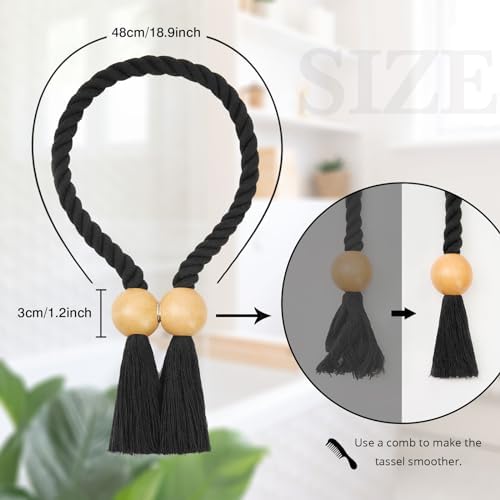 NICEEC 2 Pack Wooden Ball Magnetic Curtain Tiebacks Boho Home Decor Drape Tie - Image 4