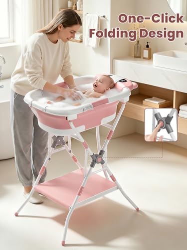 Baby Bathtub with Stand, Foldable Metal Standing Baby Bath Tub, 3-in-1 - Image 7