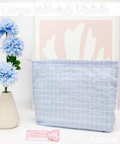 Flat Makeup Bag for Women, Zipper Cosmetic Pouch for Purse, Grid Blue - Image 5