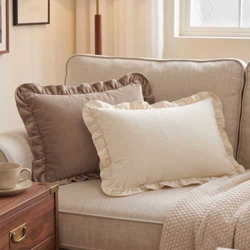 Set of 2 Cream White Ruffle Lumbar Pillow Covers 12x20 Inch, Solid Color - Image 5