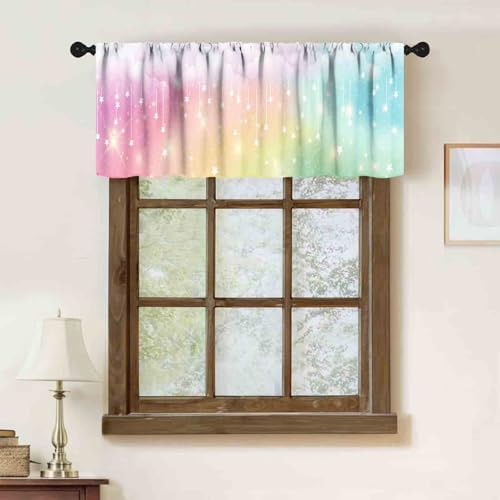 Rainbow Kids Curtains Valance, Boho Pastel Cartoon Cute Colorful Sky Clouds - Image 2