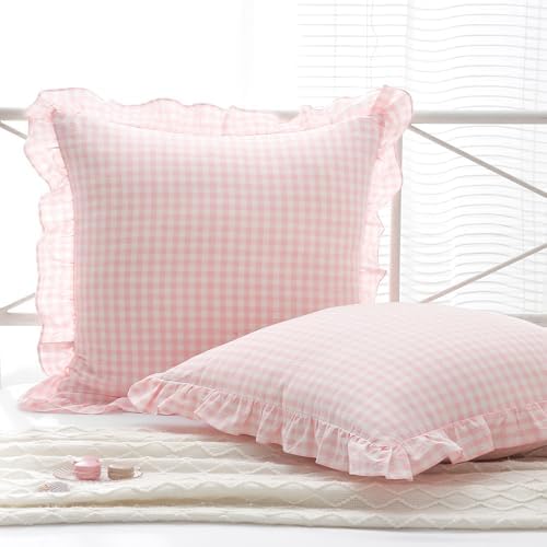 2 Pack Blush White Gingham Euro Pillow Shams 26''x26'' by KMASANIJI