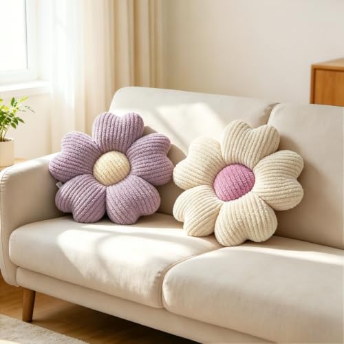 2 Pcs Flower Pillow Lavender Decorative Throw Pillows, Lavender & Ivory - Image 2