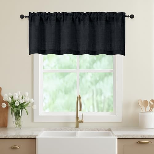 Black Valances for Windows, Light Filtering Faux Linen Textured Small Short by WelvetBLK