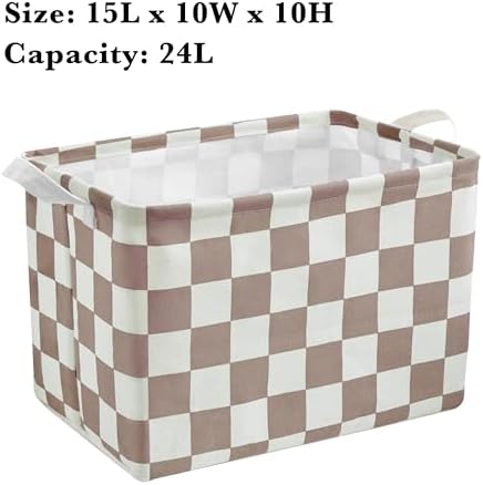 Ohocut Khaki White Checkered Canvas Basket, Rectangular Organizing Decorative - Image 6