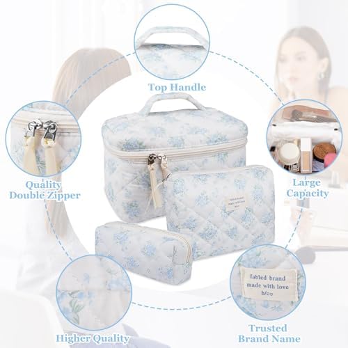 Gosect Makeup Bag Set, Quilted Makeup Bag, Large Floral Cosmetic Bag - Image 3