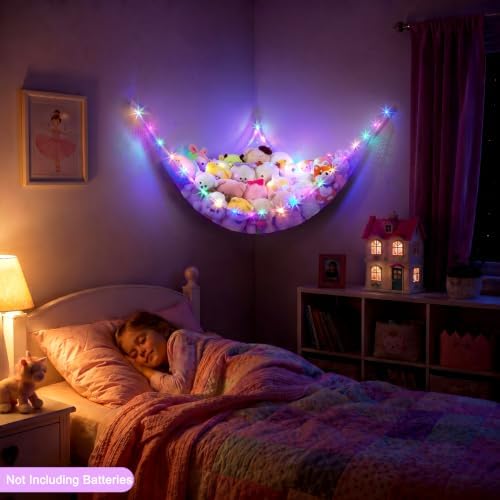 Stuffed Animals Hammock with LED Light Toy Net Room Decor Corner Storage - Image 3