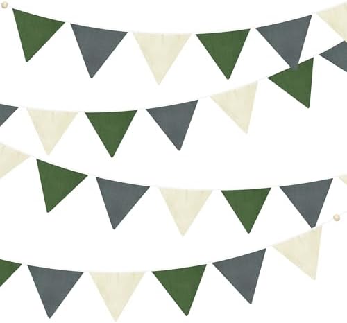 2 Sets of Green Grey Beige Banner Garland 24Pcs Woodland Fabric Linen Pennant by pinkblume