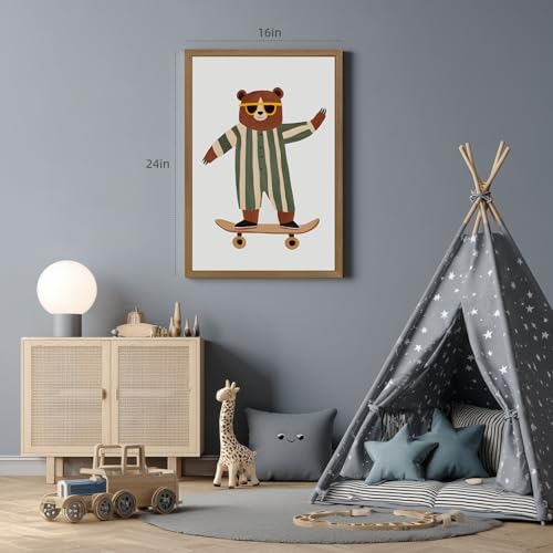 Grajoy Wood Framed Funny Modern Cool Skateboard Bear Wall Art 12x16 Inch - Image 5