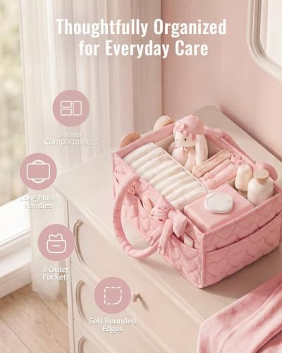 Blissful Diary Baby Diaper Caddy Organizer, Heart-Quilted, Light Pink - Image 3