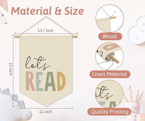 Reading Corner Decor, Let's Read Sign Kids Room Wall Canvas Banner, Library - Image 5