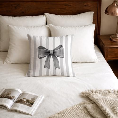 Charcoal Bow Decorative Throw Pillow 18x18 Inch – Cute Blush Pink Striped - Image 5