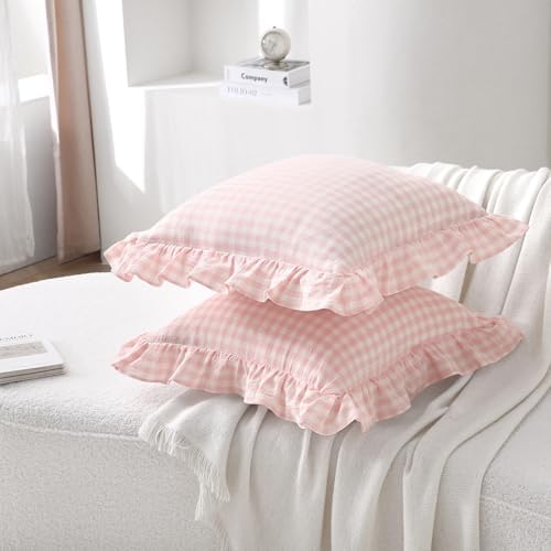 2 Pack Blush White Gingham Ruffle Throw Pillow Covers 18''x18'' - Image 3