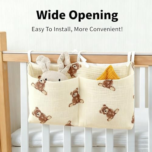 Baby Bedside Hanging Storage Bag Muslin Cotton Teddy Bear, Crib Diaper Caddy - Image 5