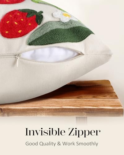 Embroidered Throw Pillow Cover, 18x18 Inch, Strawberry Leaves - Image 3