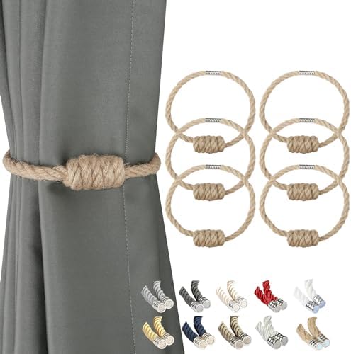 BEL AVENIR Magnetic Jute Curtain Tiebacks 6 Pack Hand-Woven Curtain Ties by BELAVENIR