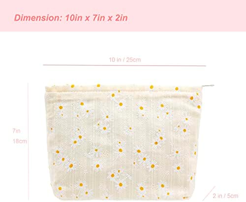 Flat Makeup Bag for Women, Zipper Cosmetic Pouch for Purse, Daisy Beige - Image 3