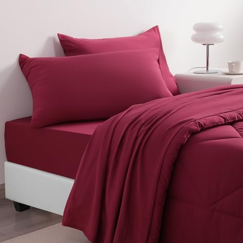 NTBAY Twin Microfiber Bed in a Bag, Comforter Set 5 Piece, Wine Red - Image 4