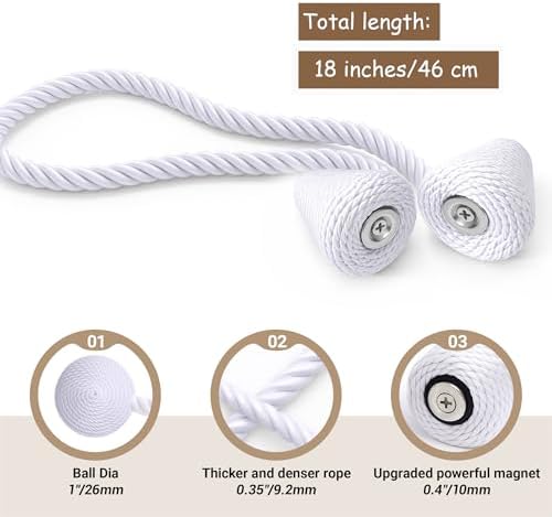 Hion Magnetic Curtain Tiebacks White 2pcs, Curtain Holdbacks Hooks Holders - Image 2
