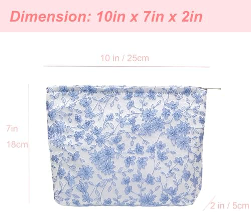 Flat Makeup Bag for Women, Zipper Cosmetic Pouch for Purse, Brocade Silver - Image 4