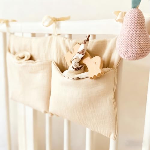 Muslin Cotton Baby Bedside Hanging Storage Bag, 2-Pocket Crib Diaper Caddy - Image 7