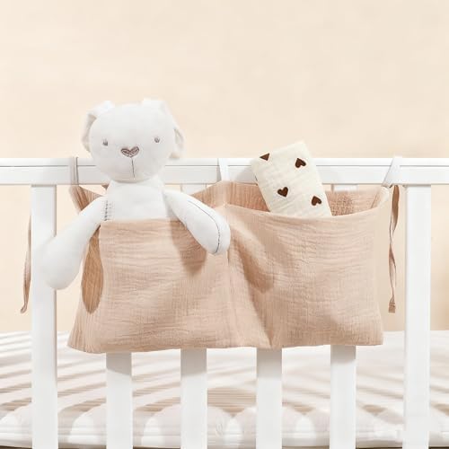 Muslin Cotton Baby Bedside Hanging Storage Bag, 2-Pocket Crib Diaper Caddy - Image 3