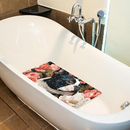 Bathtub Mat Non Slip 26.8x15.1 Inch, Pug Flower Shower Mat - Image 5