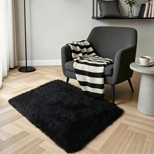 Black Fluffy Shag Rug, Machine Washable Non Slip Plush Floor Carpet - Image 6