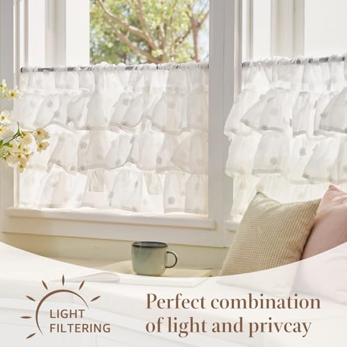 jinchan Ruffled Kitchen Valance Pom-Pom Sheer 1 Panel 18 Inch White - Image 7