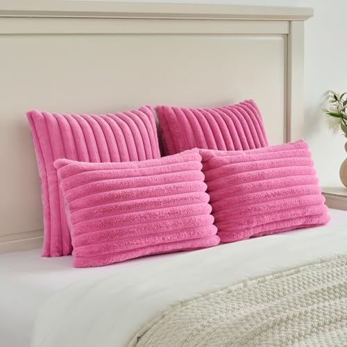 FUTEI Pack of 2 Faux Fur Throw Pillow Covers 16x16 Inch, Hot Pink - Image 5
