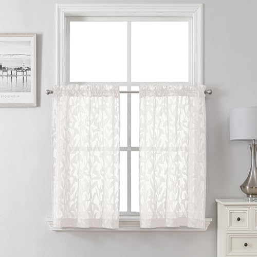 Lecloud Leia Sheer Ivory Kitchen Curtains 36 Inch Length 2 Pcs, Jacquard Leaf by Lecloud