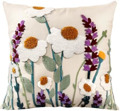 Embroidered Throw Pillow Cover, 20x20 Inch, Wildflower by Kokaaee