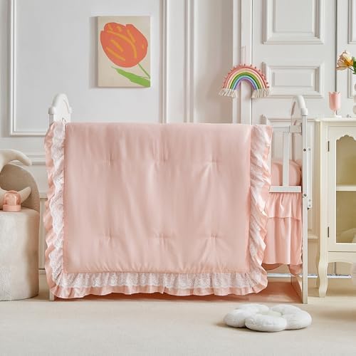 Ruffled Crib Bedding Set Floral Design 3 Pieces Baby Boho Quilted Comforter by Uozzi+Bedding