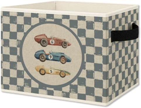 Vintage Blue Checkered Race Car Foldable Storage Box by Unknown