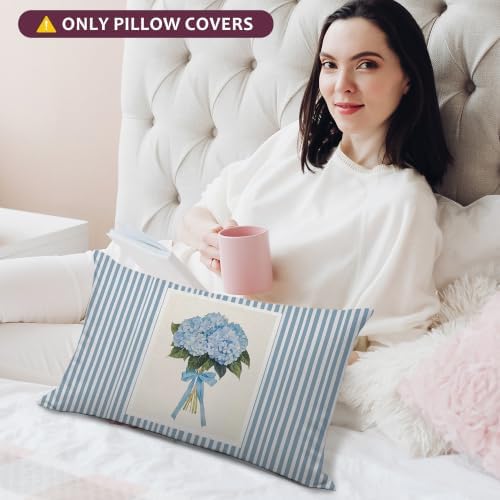 Blue Hydrangea Floral 12x20 Pillow Cover, Preppy Girly Hydrangea Flower Striped - Image 4