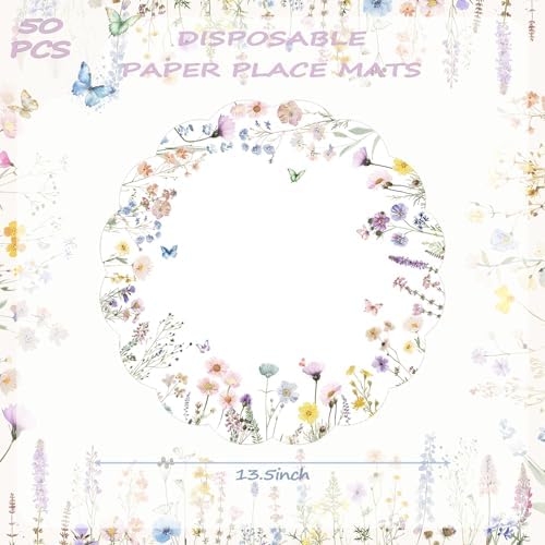 G.R.I Floral Paper Placemats 50 Pcs 13.5" Wildflower Round Disposable - Image 2