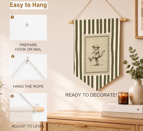 KDHTY Vintage Western Cowboy Cat Nursery Canvas Hanging Pennant Flag Banner - Image 6