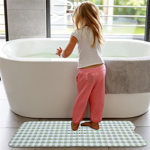 Green Bathtub Mat Non Slip 40x16 Inch Extra Long Bath Mat, Checkered Modern Art - Image 6