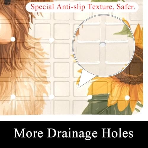 Bathtub Mat Non Slip 26.8x15.1In, Highland Cow Sunflower Bath Mat - Image 2