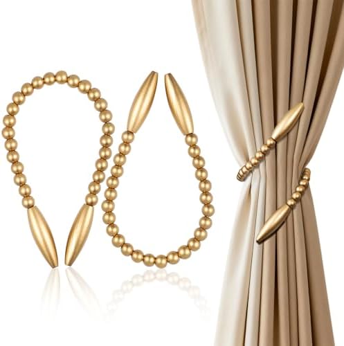 Wood Bead Curtain Tiebacks 2 Pack, No Drill Curtain Holdbacks by OCIOLI