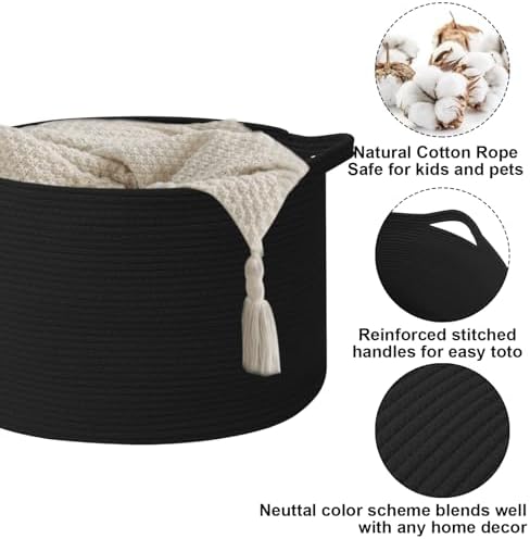 65L Large Blanket Basket, Woven Rope Laundry Basket-Black - Image 3