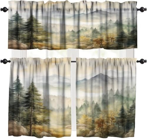 Forest Valance Curtain for Kitchen, Watercolor Mountain Forest Nature Tree by LOMADIA
