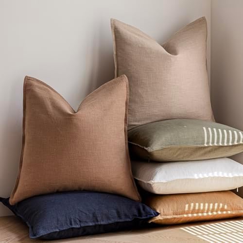 Foindtower Linen Solid Decorative Throw Pillow Covers 22x22 Inch Tan Beige - Image 6