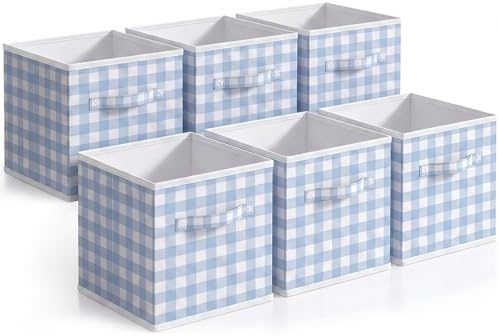 Yalikop 6 Pcs Blue Gingham Cube Storage Bins, 11 Inch Fabric Checkered by Yalikop