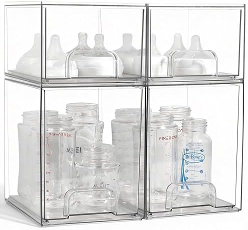 Baby Bottle Organizer, 4 Pack Clear Space-Saving Stackable Drawer by MINMUNJIU