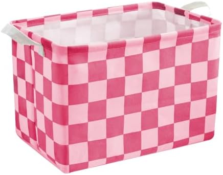 Hot Pink Coral Checkered Canvas Basket, Rectangular Organizing Decorative by Ohocut
