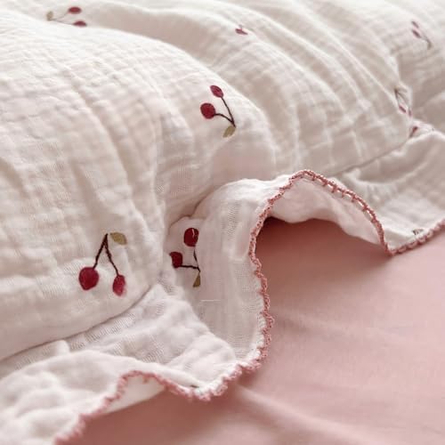 BuLuTu Muslin Cotton Ruffled Pillowcase Standard 20"x26", Cherry Print - Image 5