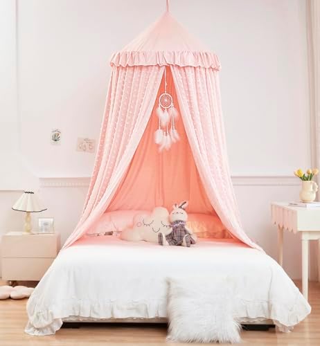 Mengesi Bed Canopy with Pom Pom- Lace Chiffon Canopy Bed Curtains, Double - Image 5