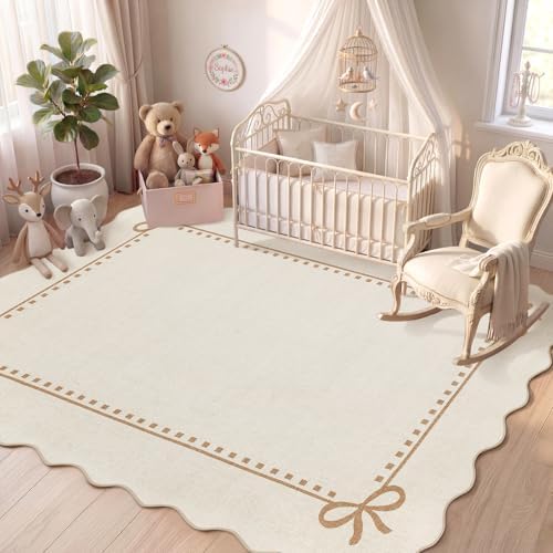 Garvee Scalloped Bow Rug Beige Washable Solid 4x6 Area Rugs by Garvee