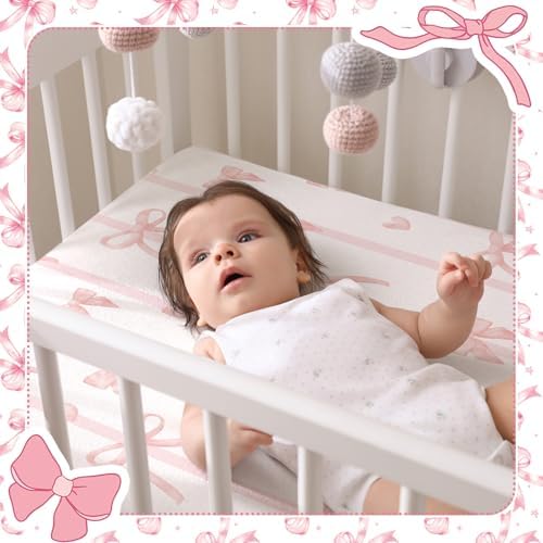 Peryiter 4 Pack Crib Sheets for Baby 52'' X 28" Pink Bow Crib Sheet - Image 5